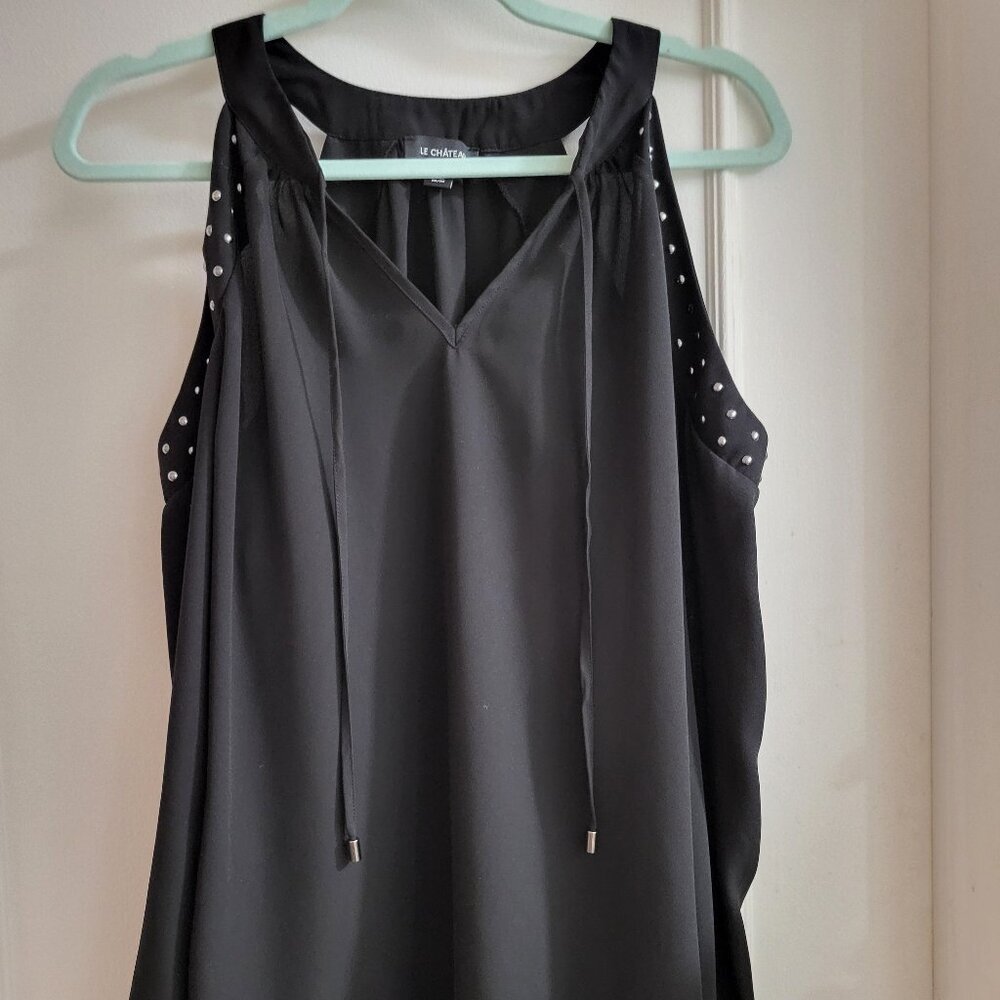 Le Château Black Studded V-Neck Tie Blouse size Medium